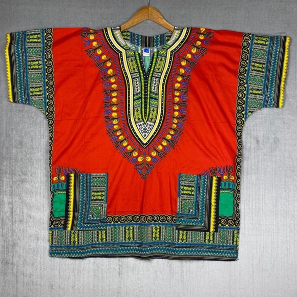 Dashiki Style Tunic Unisex XL Red‎ Multicolor 100% Cotton African Art to Wear
